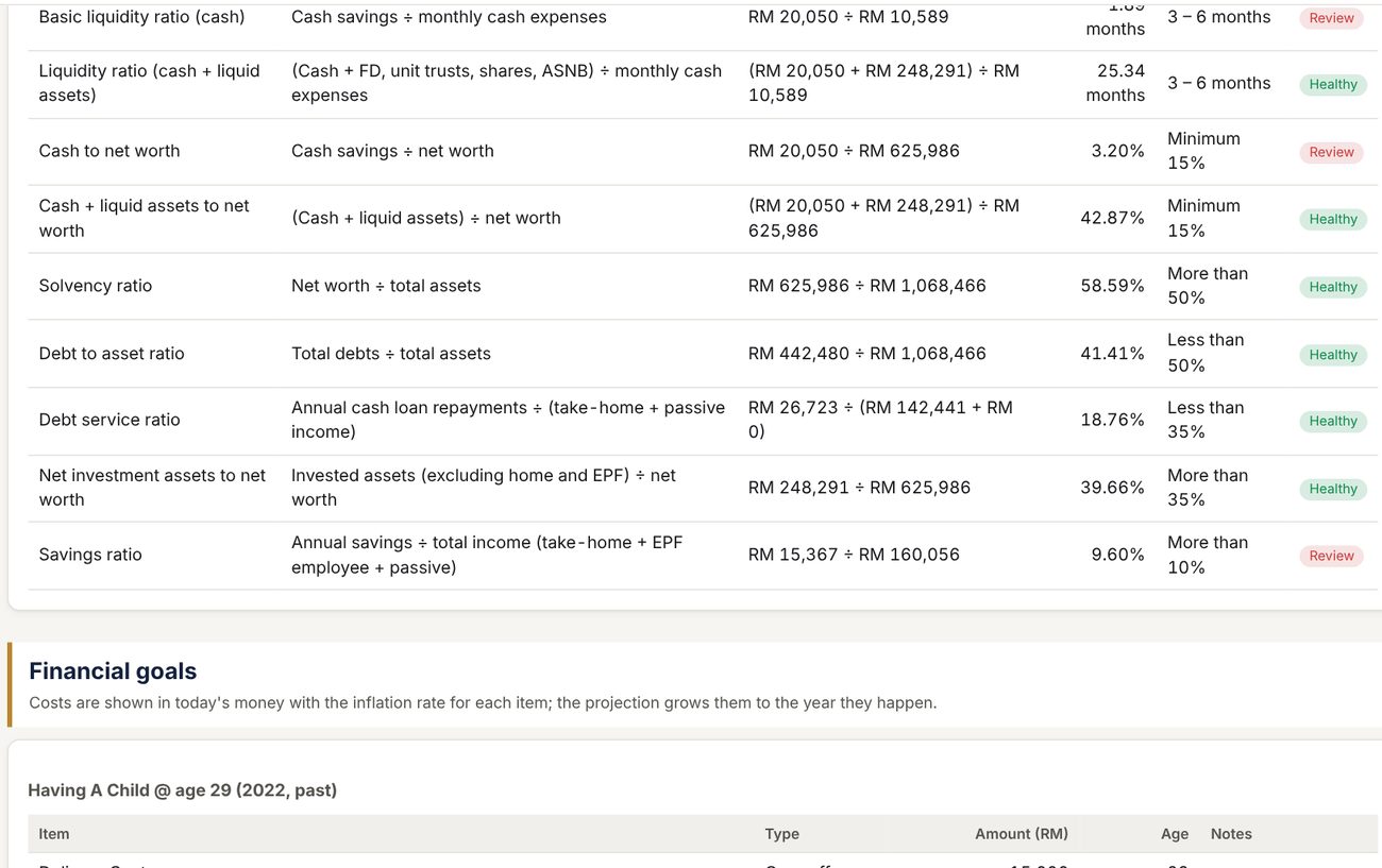 Nine financial ratios with healthy or review status