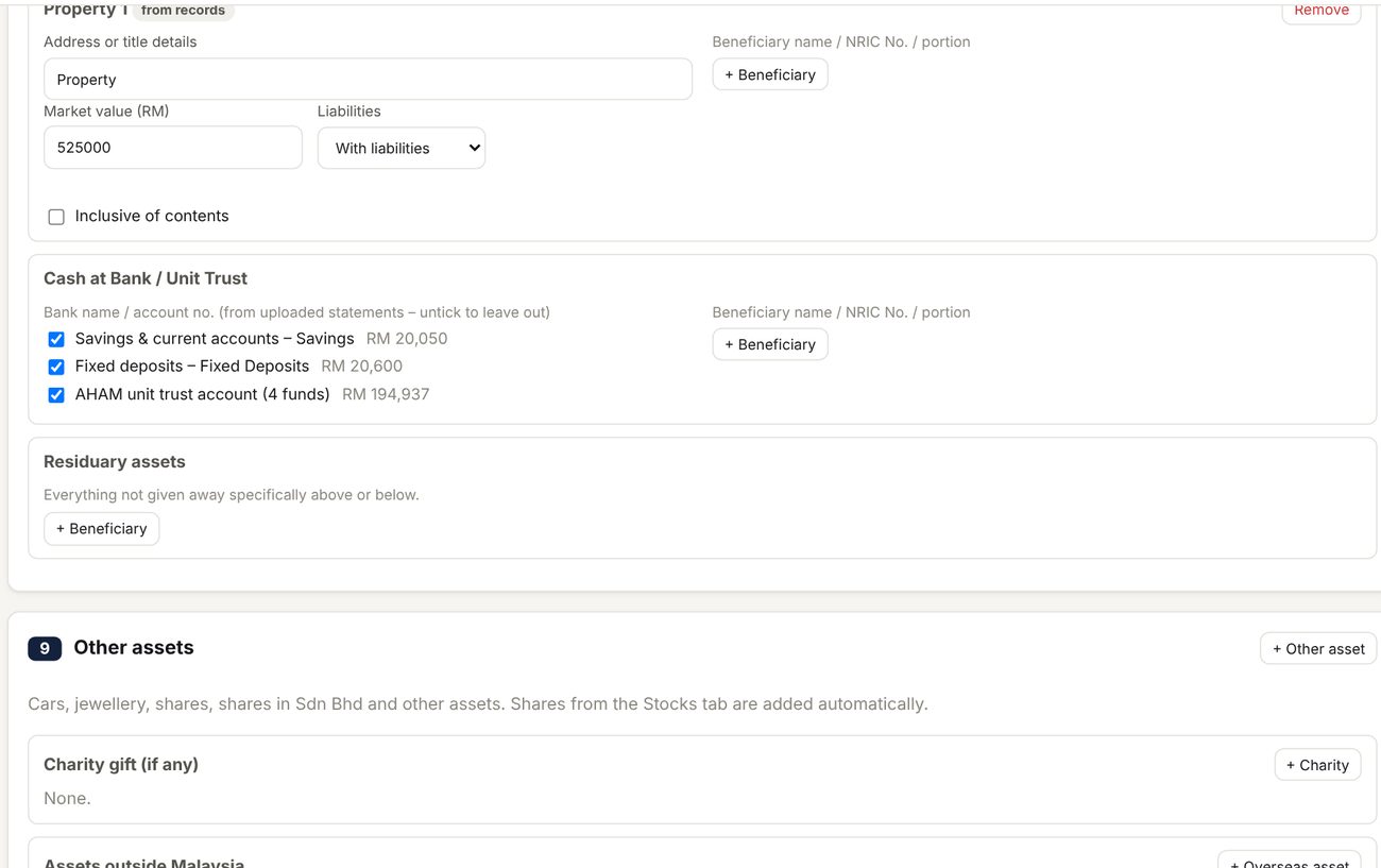 Will information checklist pre-filled from statements